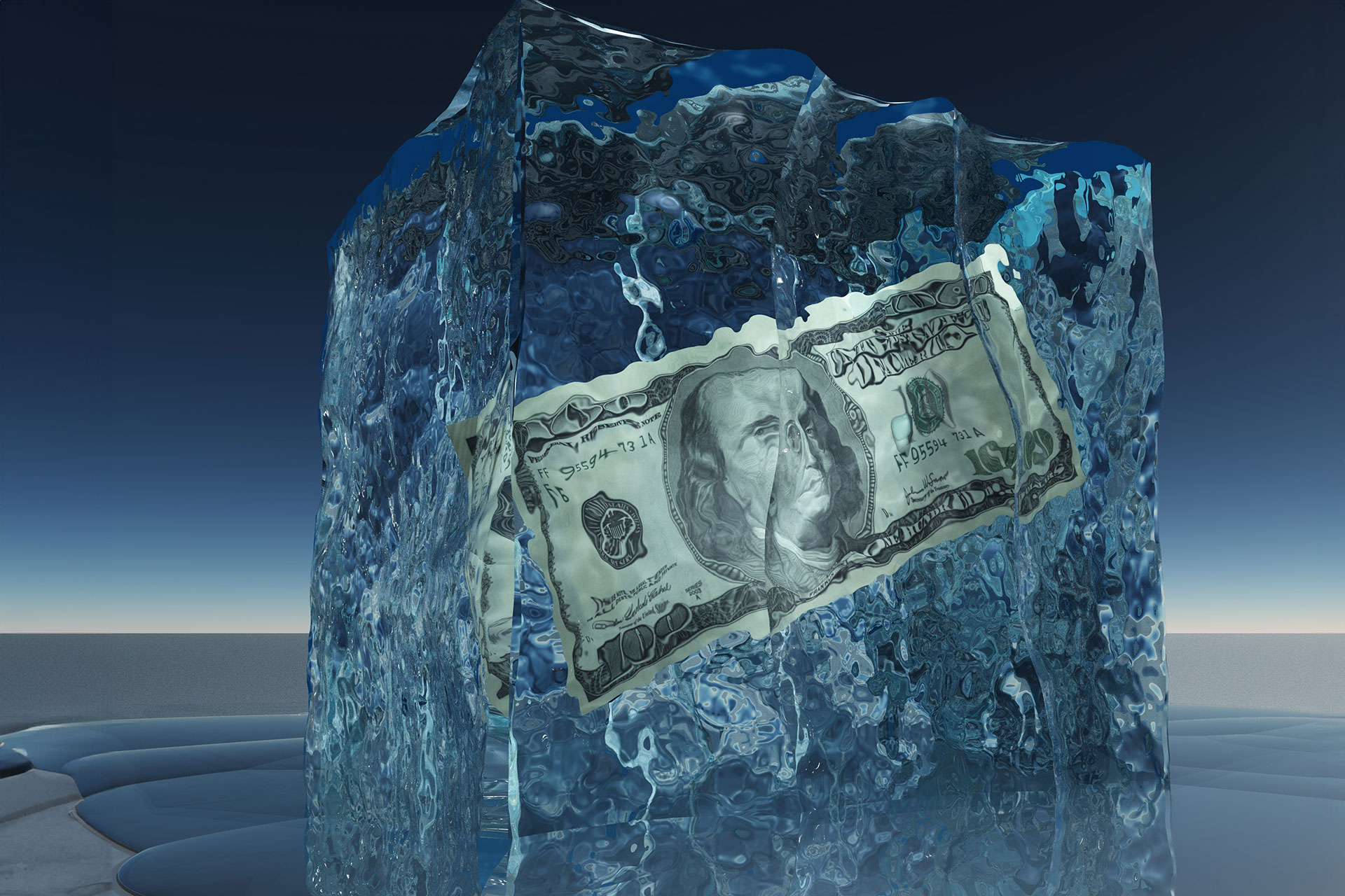 Money in ice cube illustration